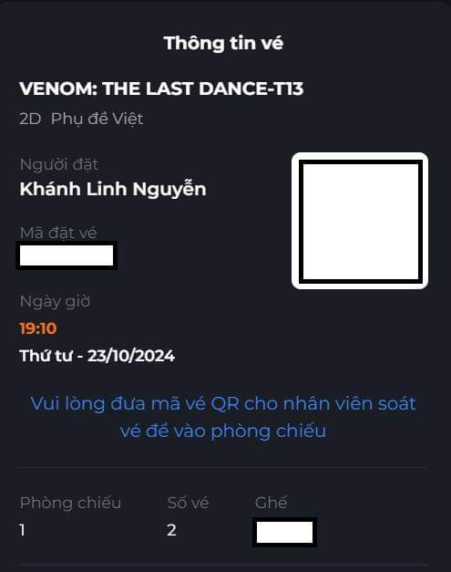 Mình cần pass 2 vé venom đặt nhầm ngày 23/10/2024